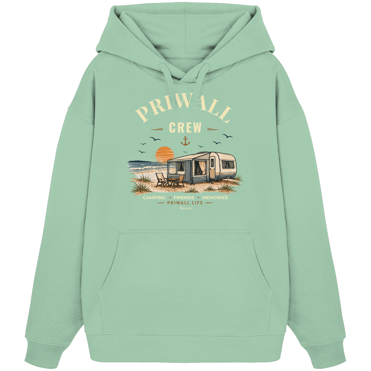 Bio Oversize Hoodie Kapuzenpullover in Misty Jade mit korrigiertem Priwall-Crew-Motiv der Dark Edition – Vorderansicht