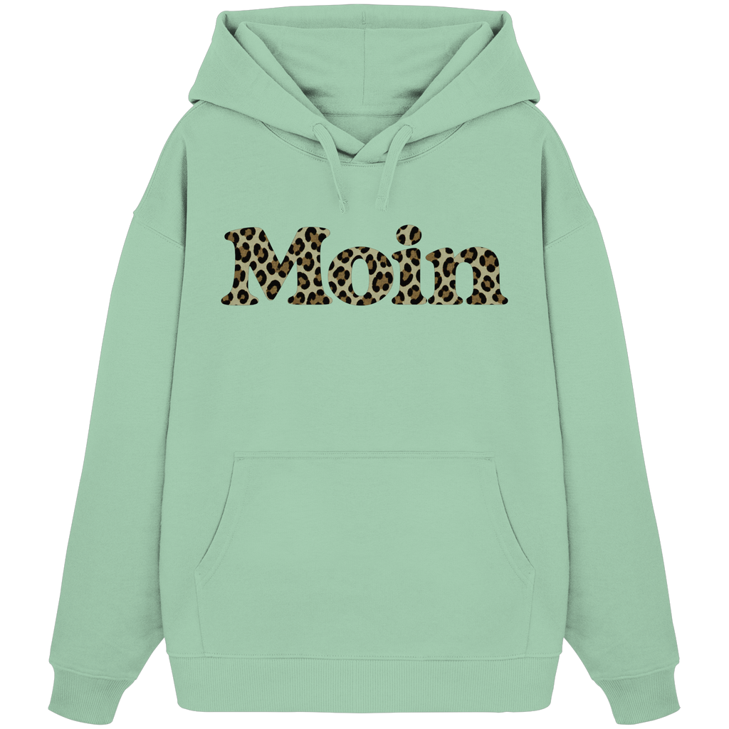 Bio Oversize Hoodie in Misty Jade mit Moin-Leoprint in Sage Green als Frontprint, Original-Mockup.