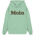Bio Oversize Hoodie in Misty Jade mit Moin-Leoprint in Sage Green als Frontprint, Original-Mockup.
