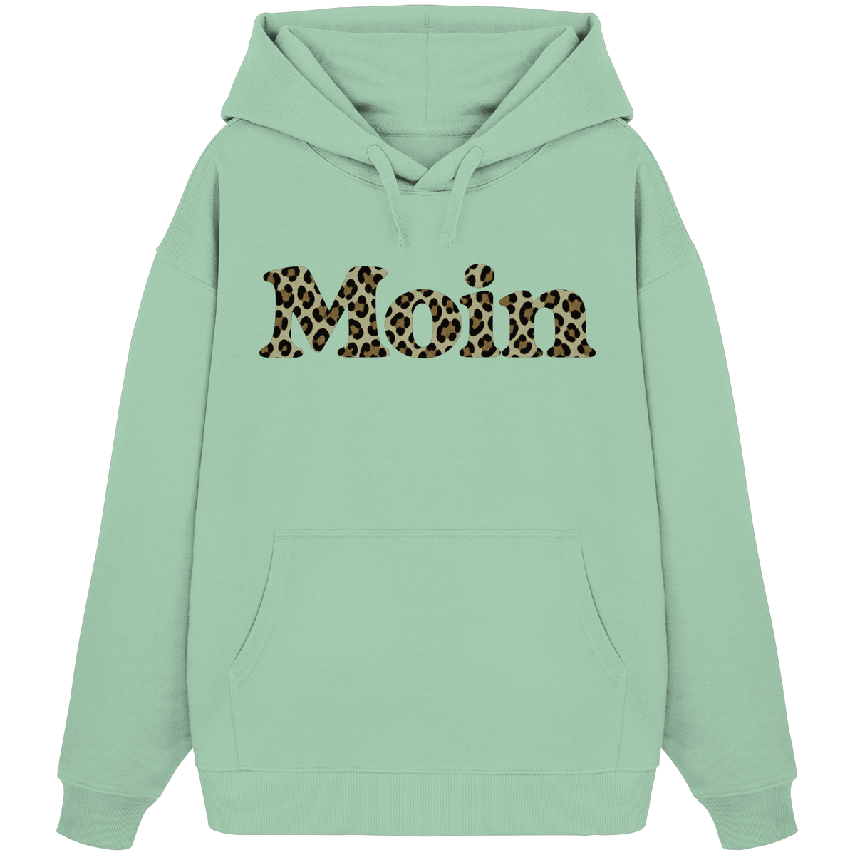 Bio Oversize Hoodie in Misty Jade mit Moin-Leoprint in Sage Green als Frontprint, Original-Mockup.