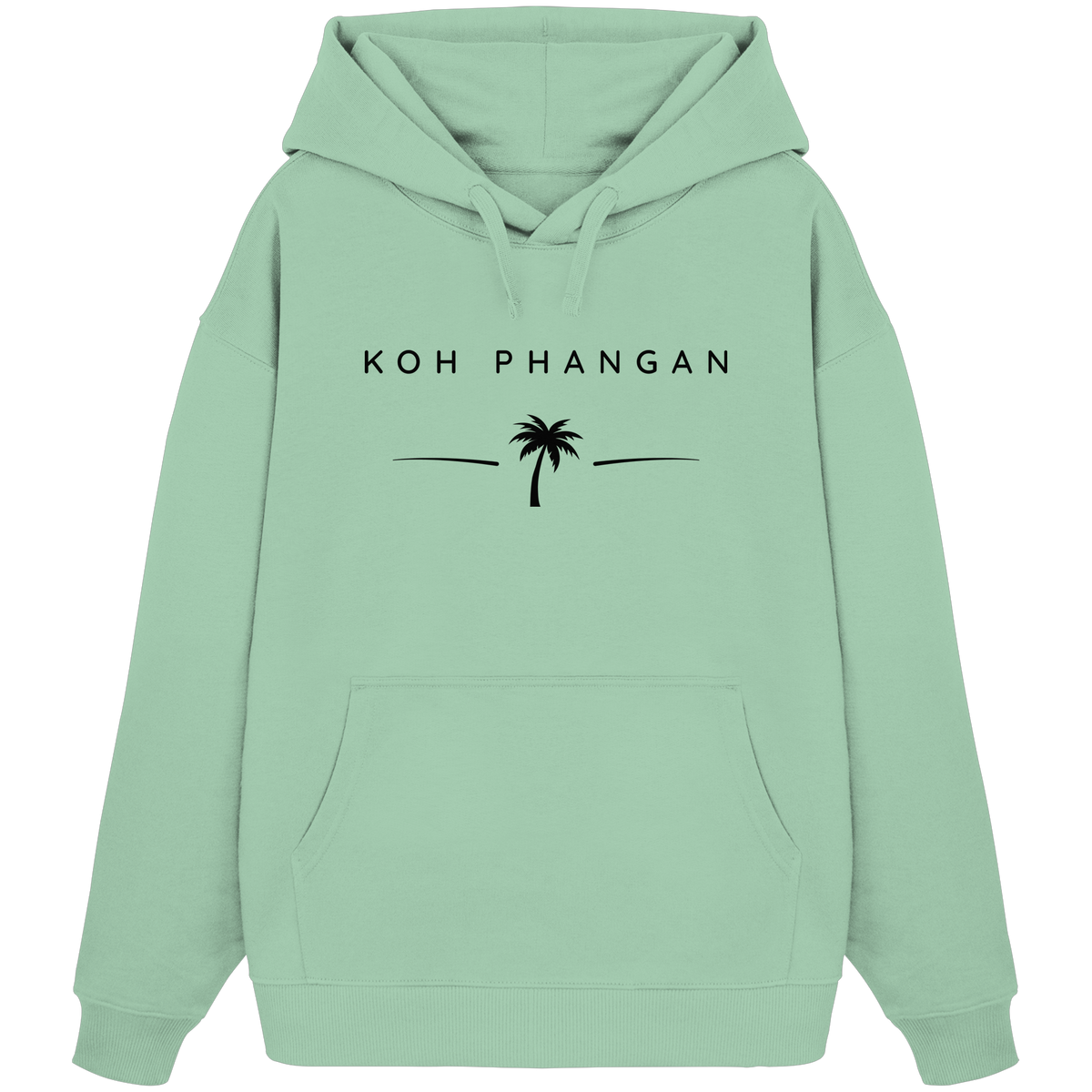 Frontansicht des Bio Oversize Hoodie in Misty Jade mit Koh Phangan Minimal Palm Frontprint