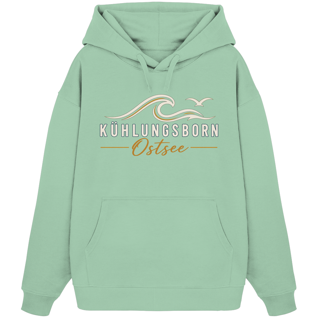 Shirtigo-Originalmockup: Bio-Oversize-Hoodie Kühlungsborn Baltic Waves, Dark Edition, Misty Jade, Vorderansicht mit Motiv.