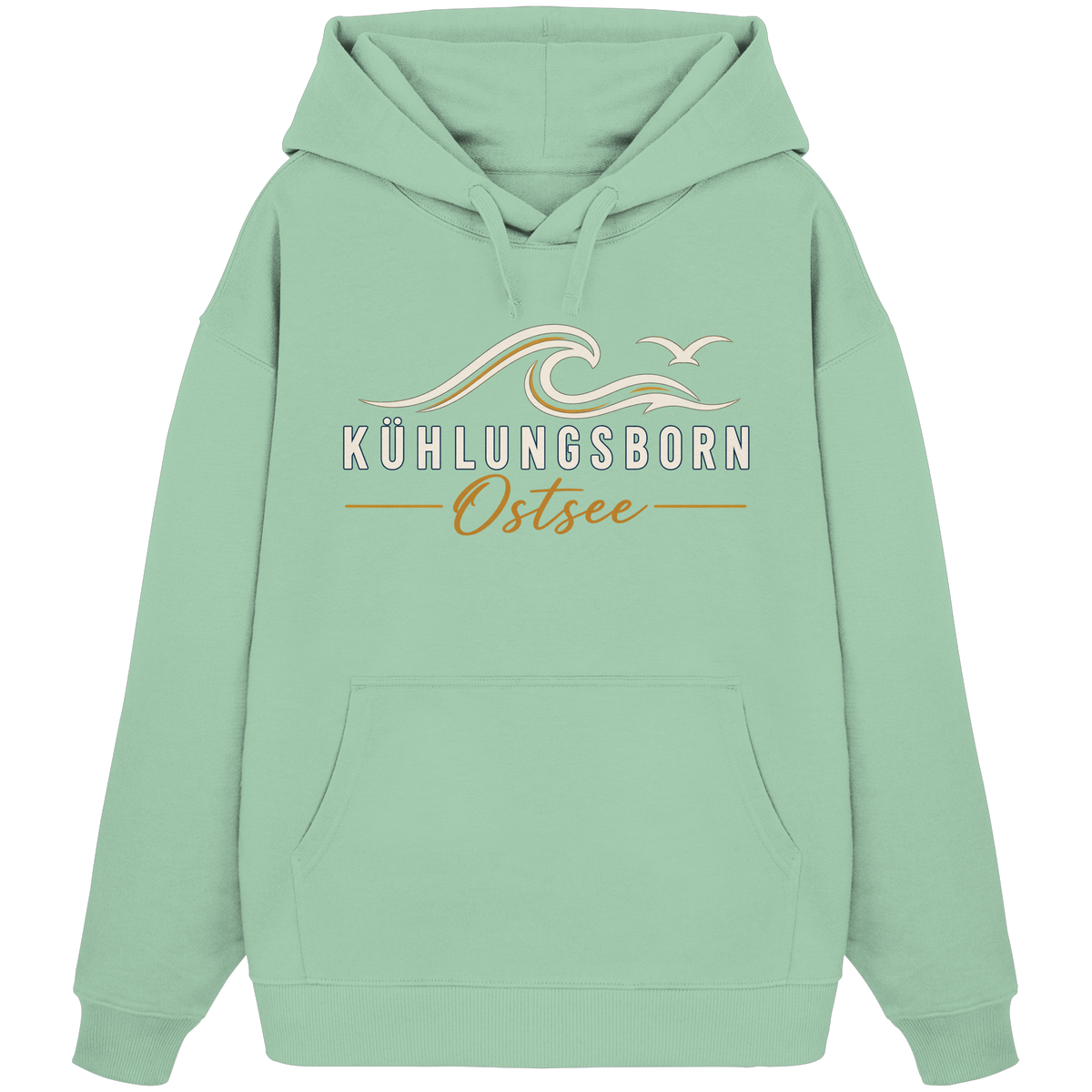 Shirtigo-Originalmockup: Bio-Oversize-Hoodie Kühlungsborn Baltic Waves, Dark Edition, Misty Jade, Vorderansicht mit Motiv.