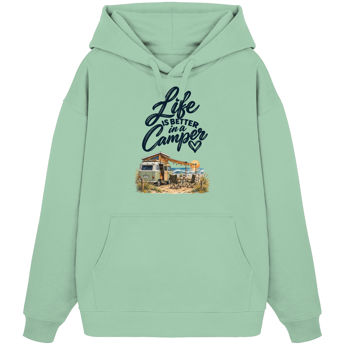 Bio Oversize Hoodie mit „Life is better in a Camper“-Motiv – Vorderansicht für Vanlife- und Campingfans