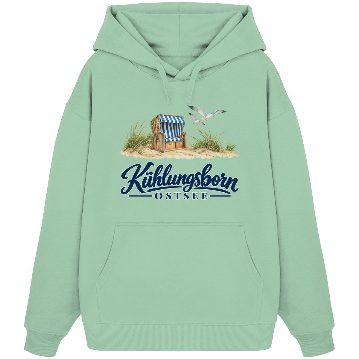 Bio-Oversize-Hoodie Kühlungsborn – Strandkorb & Ostsee in Misty Jade, Shirtigo-Originalmockup der Vorderseite mit Strandkorbmotiv.