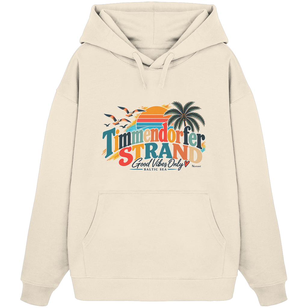 Unisex-Oversize-Hoodie in Natural Raw mit Timmendorfer-Strand-Good-Vibes-Only-Frontprint, originales Shirtigo-Mockup.