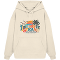 Unisex-Oversize-Hoodie in Natural Raw mit Timmendorfer-Strand-Good-Vibes-Only-Frontprint, originales Shirtigo-Mockup.