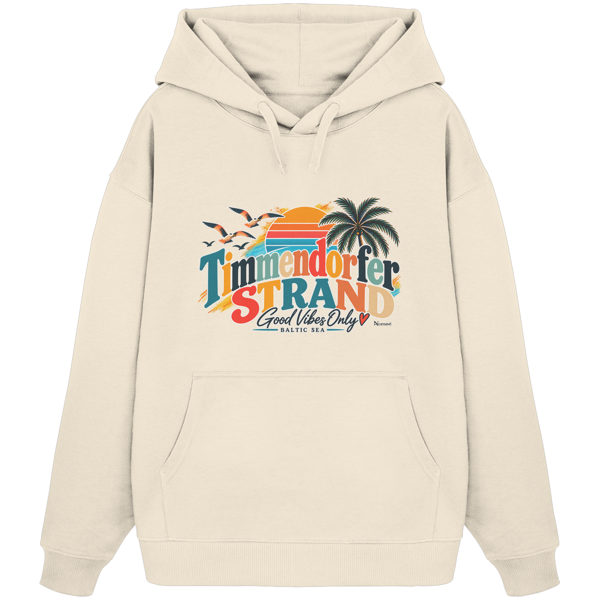 Unisex-Oversize-Hoodie in Natural Raw mit Timmendorfer-Strand-Good-Vibes-Only-Frontprint, originales Shirtigo-Mockup.