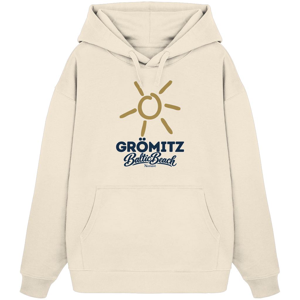 Bio Oversize Hoodie Grömitz Sonne Baltic Beach in Natural Raw – Frontdruck mit goldener Sonne, Shirtigo-Originalmockup 1