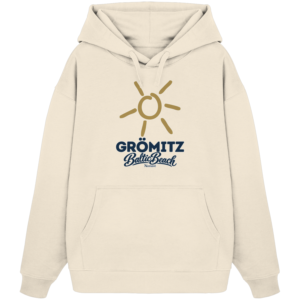 Bio Oversize Hoodie Grömitz Sonne Baltic Beach in Natural Raw – Frontdruck mit goldener Sonne, Shirtigo-Originalmockup 1