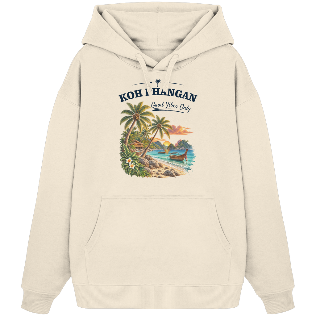 Koh Phangan Good Vibes Only – Bio Oversize Hoodie – Frontprint – Original-Mockup organic oversize hoodie natural raw mit Motivdruck