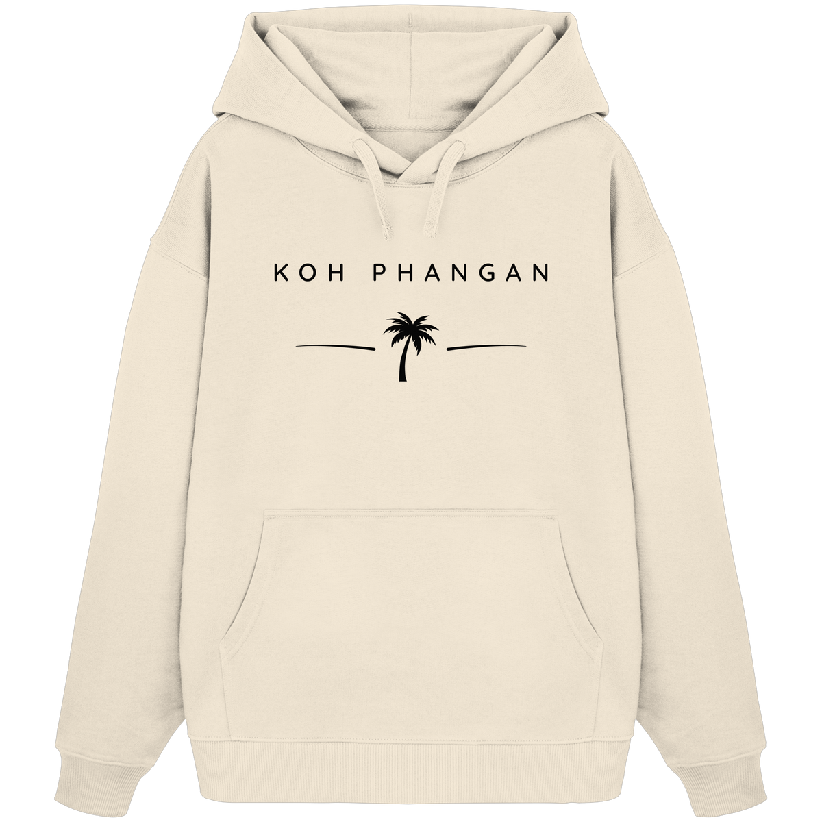Frontansicht des Bio Oversize Hoodie in Natural Raw mit Koh Phangan Minimal Palm Frontprint
