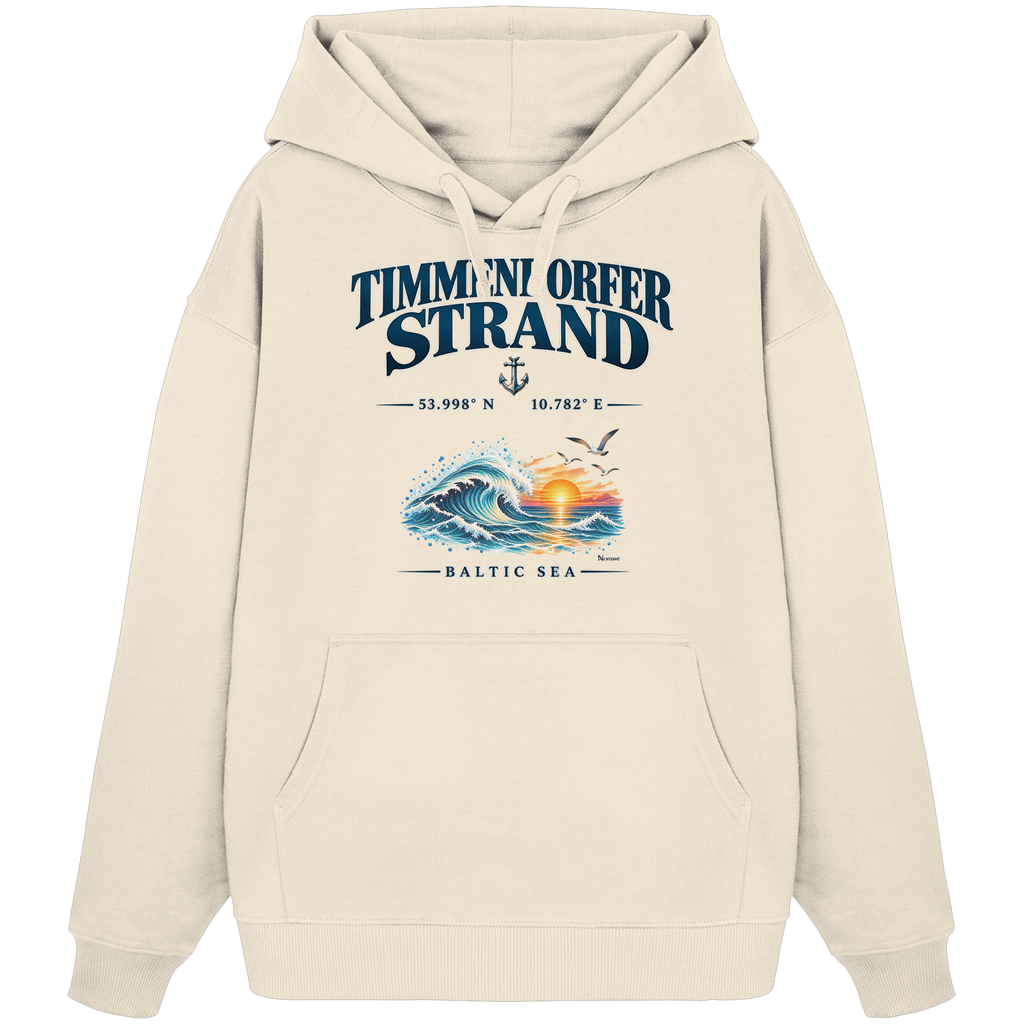Original-Mockup 1: Unisex Bio-Oversize-Hoodie in Natural Raw mit Timmendorfer Strand – Baltic Sea Frontprint.