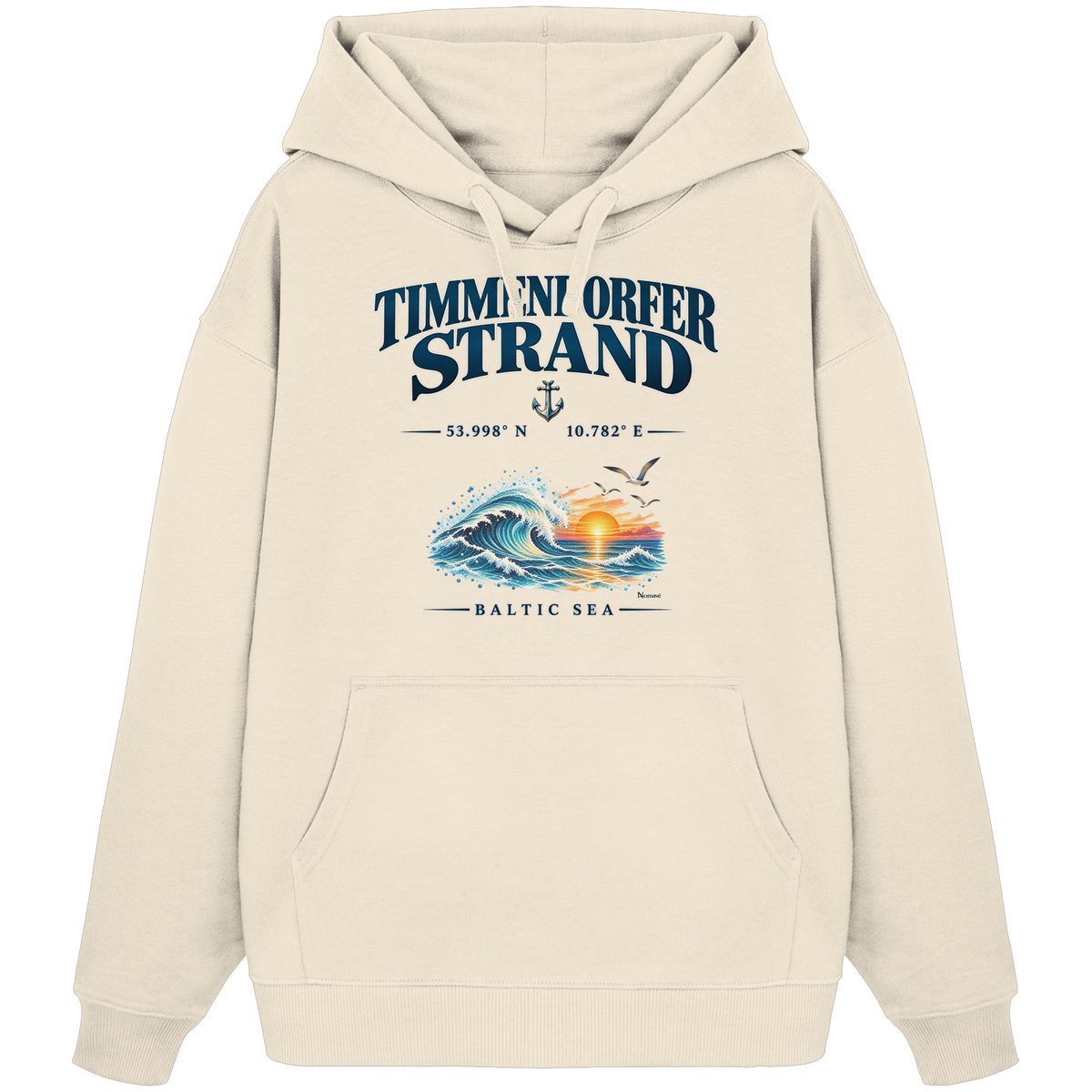Original-Mockup 1: Unisex Bio-Oversize-Hoodie in Natural Raw mit Timmendorfer Strand – Baltic Sea Frontprint.