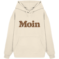 Original-Shirtigo-Mockup: Bio Oversize Hoodie in Natural Raw mit „Moin“ im Karamell-Leoprint vorn und Kängurutasche