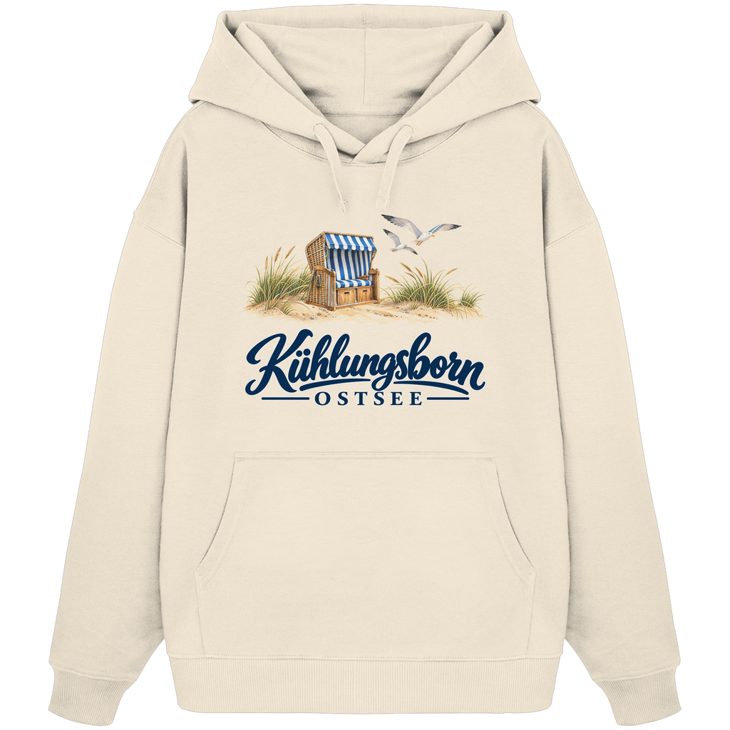 Bio-Oversize-Hoodie Kühlungsborn – Strandkorb & Ostsee in Natural Raw, Shirtigo-Originalmockup der Vorderseite mit Strandkorbmotiv.