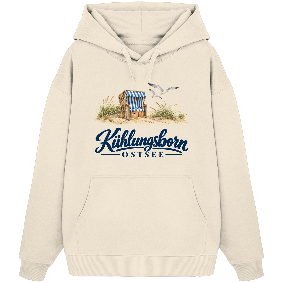 Bio-Oversize-Hoodie Kühlungsborn – Strandkorb & Ostsee in Natural Raw, Shirtigo-Originalmockup der Vorderseite mit Strandkorbmotiv.
