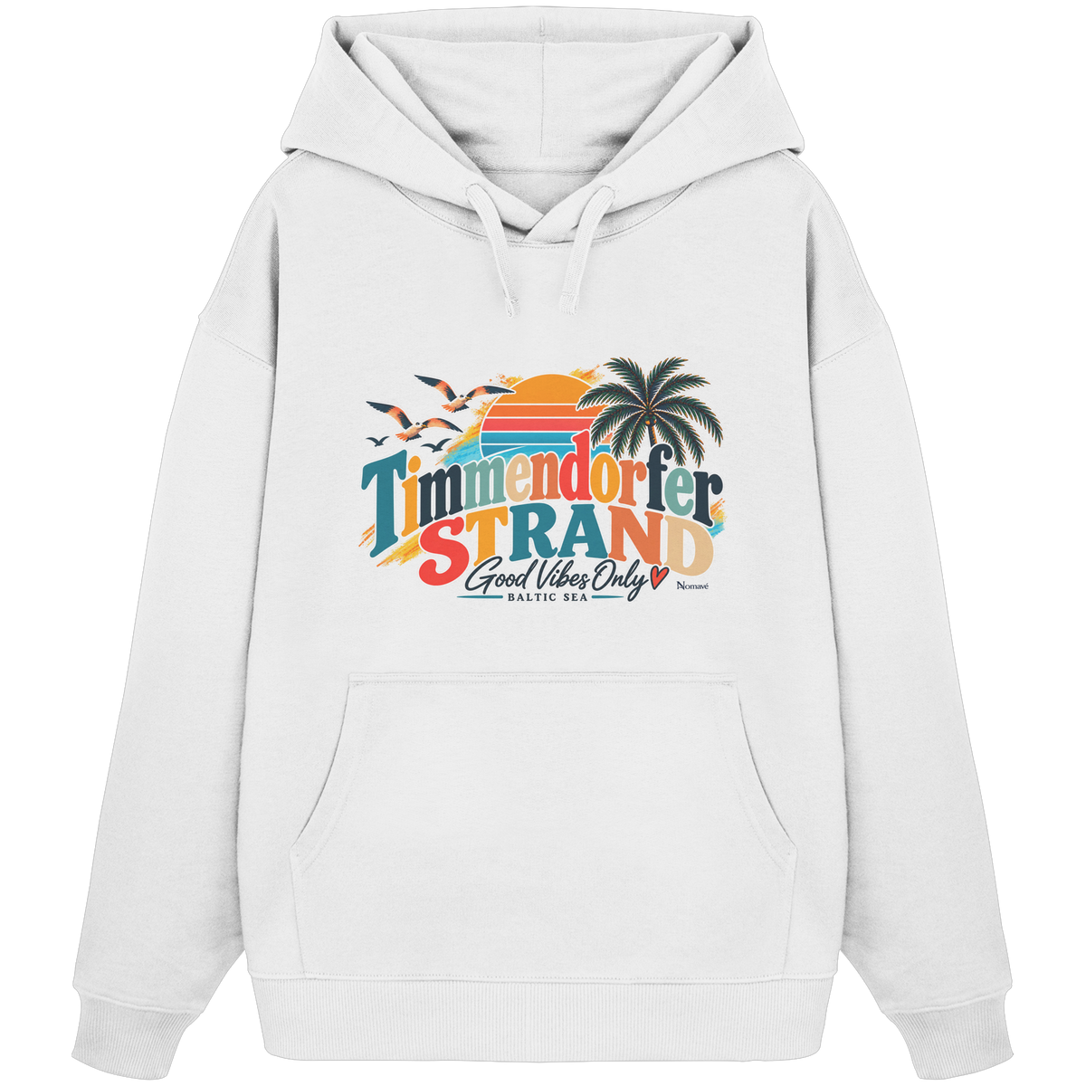 Unisex-Oversize-Hoodie in White mit Timmendorfer-Strand-Good-Vibes-Only-Frontprint, originales Shirtigo-Mockup.