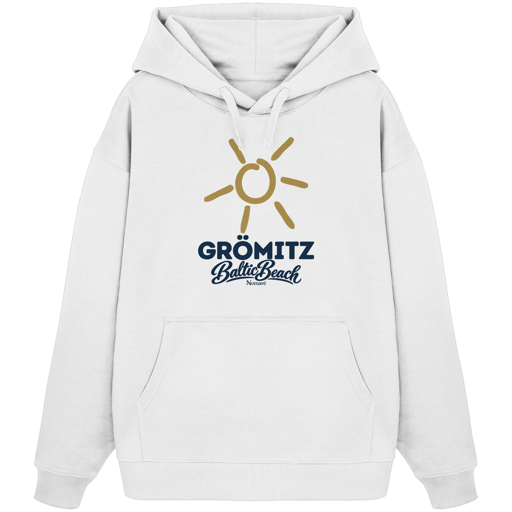 Bio Oversize Hoodie Grömitz Sonne Baltic Beach in White – Frontdruck mit goldener Sonne, Shirtigo-Originalmockup 2