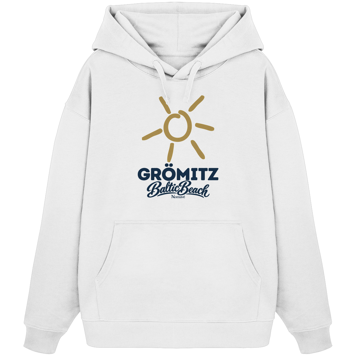 Bio Oversize Hoodie Grömitz Sonne Baltic Beach in White – Frontdruck mit goldener Sonne, Shirtigo-Originalmockup 2
