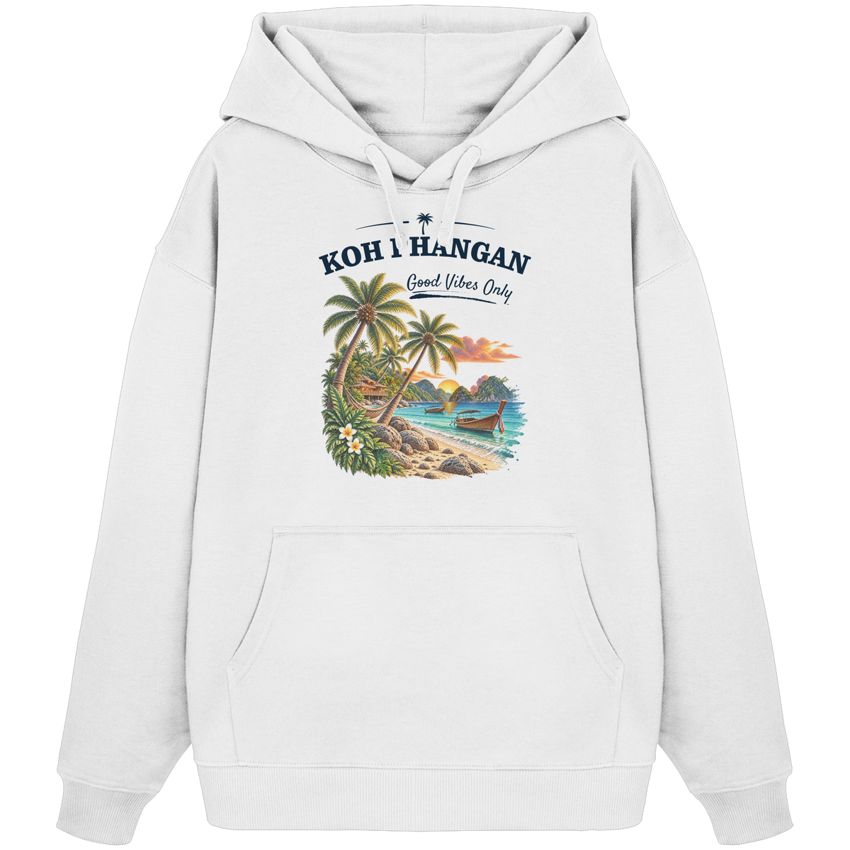 Koh Phangan Good Vibes Only – Bio Oversize Hoodie – Frontprint – Original-Mockup organic oversize hoodie white mit Motivdruck