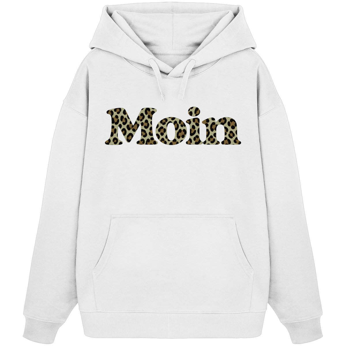 Bio Oversize Hoodie in White mit Moin-Leoprint in Sage Green als Frontprint, Original-Mockup.