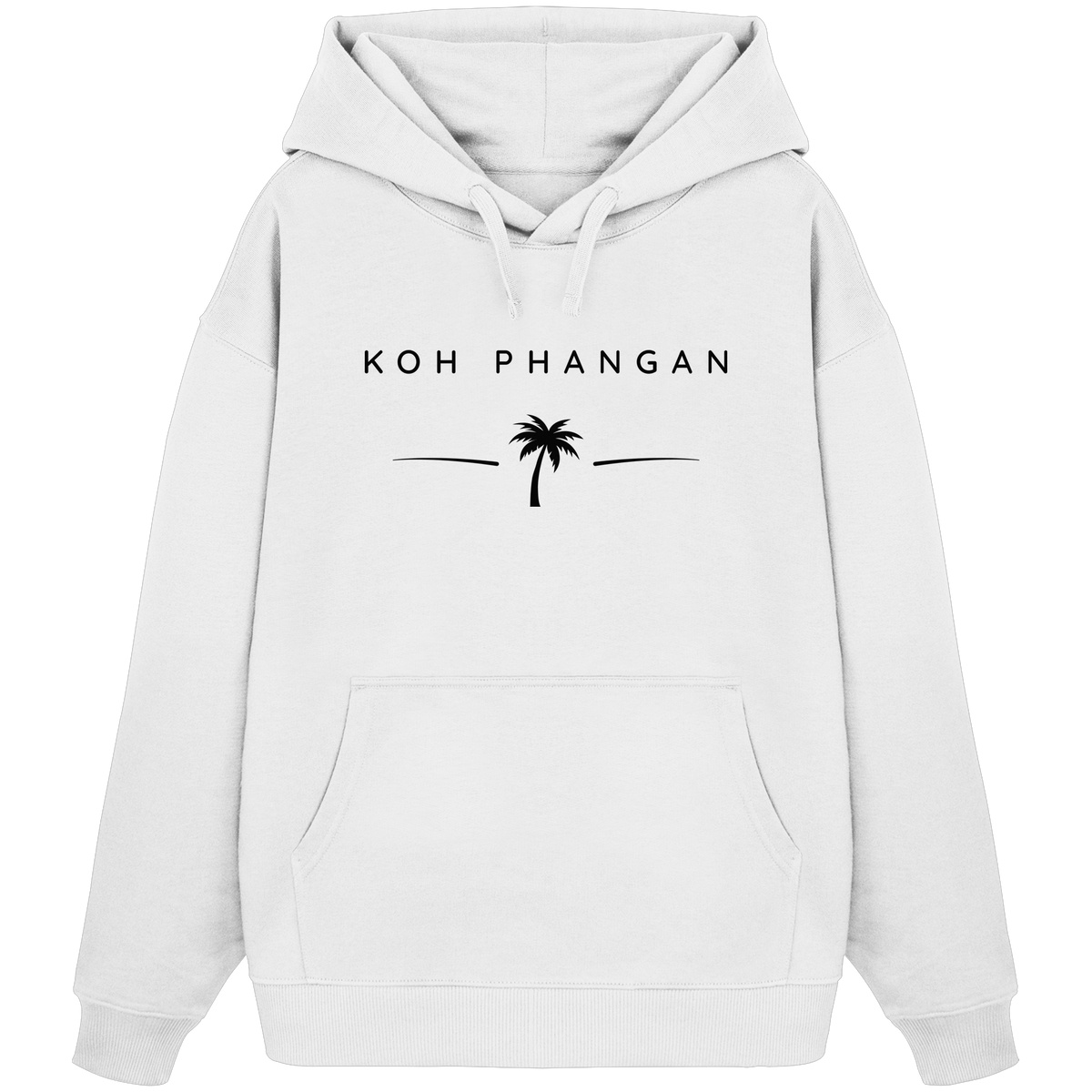 Frontansicht des Bio Oversize Hoodie in White mit Koh Phangan Minimal Palm Frontprint
