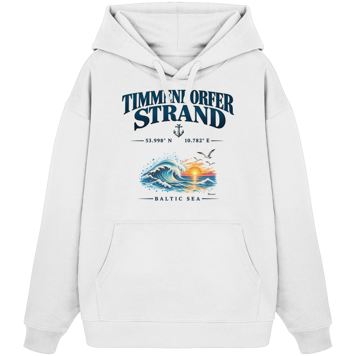 Original-Mockup 2: Unisex Bio-Oversize-Hoodie in White mit Timmendorfer Strand – Baltic Sea Frontprint.