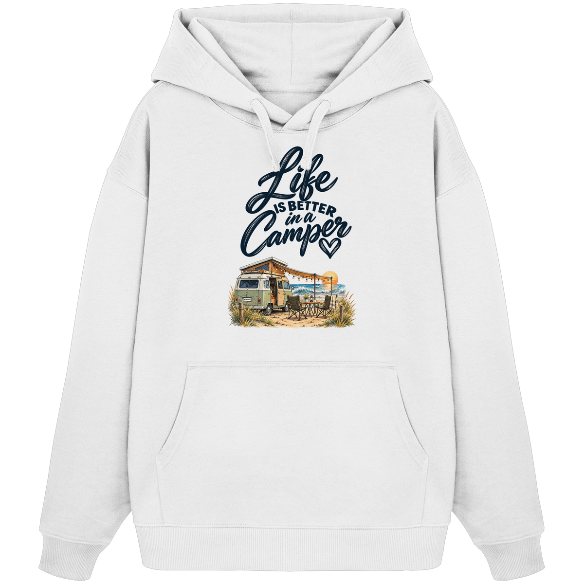 Bio Oversize Hoodie mit „Life is better in a Camper“-Motiv – Vorderansicht in White für Vanlife- und Campingfans