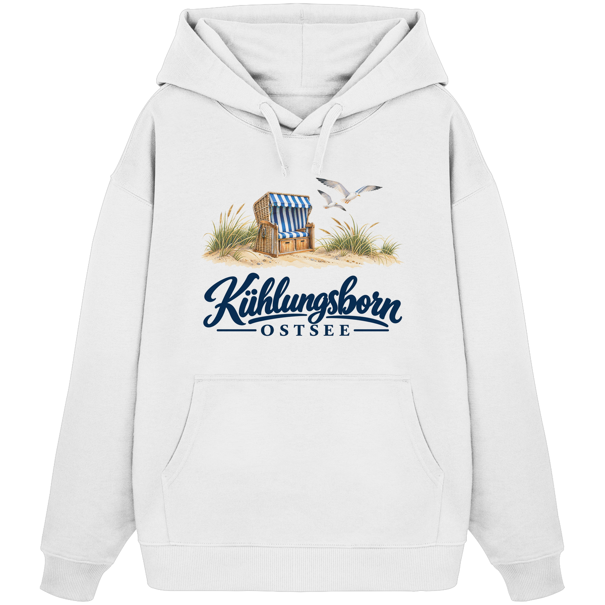 Bio-Oversize-Hoodie Kühlungsborn – Strandkorb & Ostsee in White, Shirtigo-Originalmockup der Vorderseite mit Strandkorbmotiv.