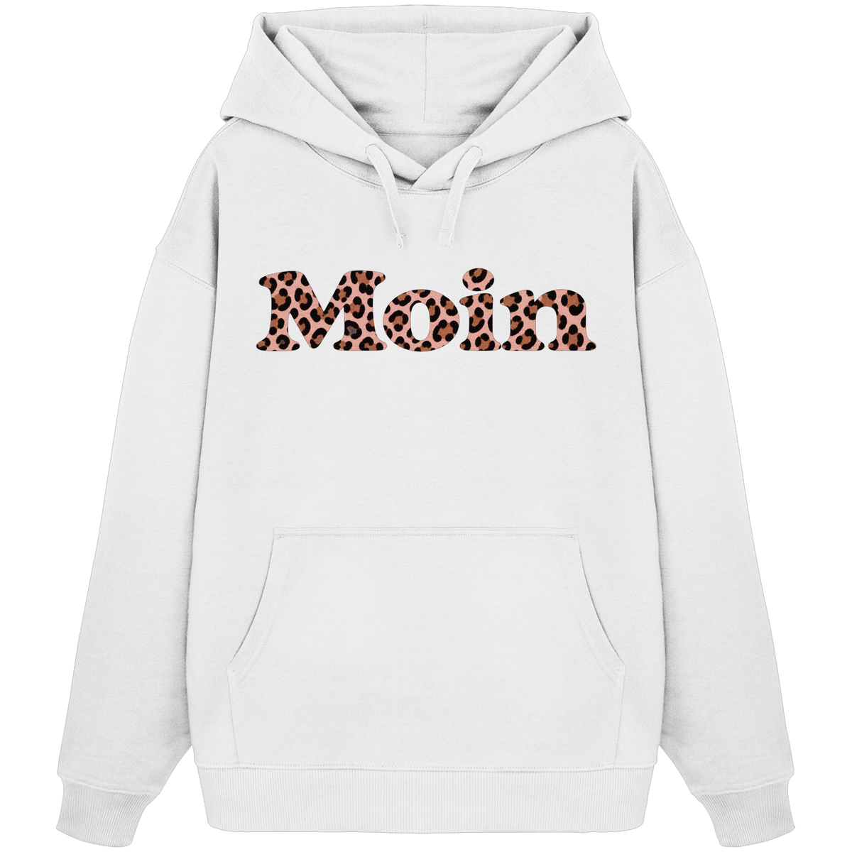 Bio-Oversize-Hoodie in White mit Moin-Leo-Blush-Pink-Motiv auf der Vorderseite.