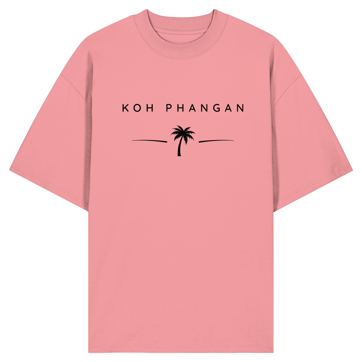 Frontansicht des Bio Oversize T-Shirt in Pink Joy mit Koh Phangan Minimal Palm Frontprint