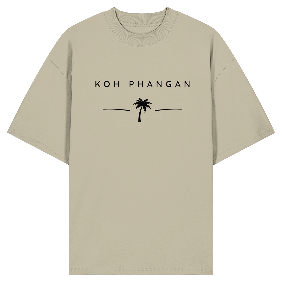 Frontansicht des Bio Oversize T-Shirt in Stone mit Koh Phangan Minimal Palm Frontprint