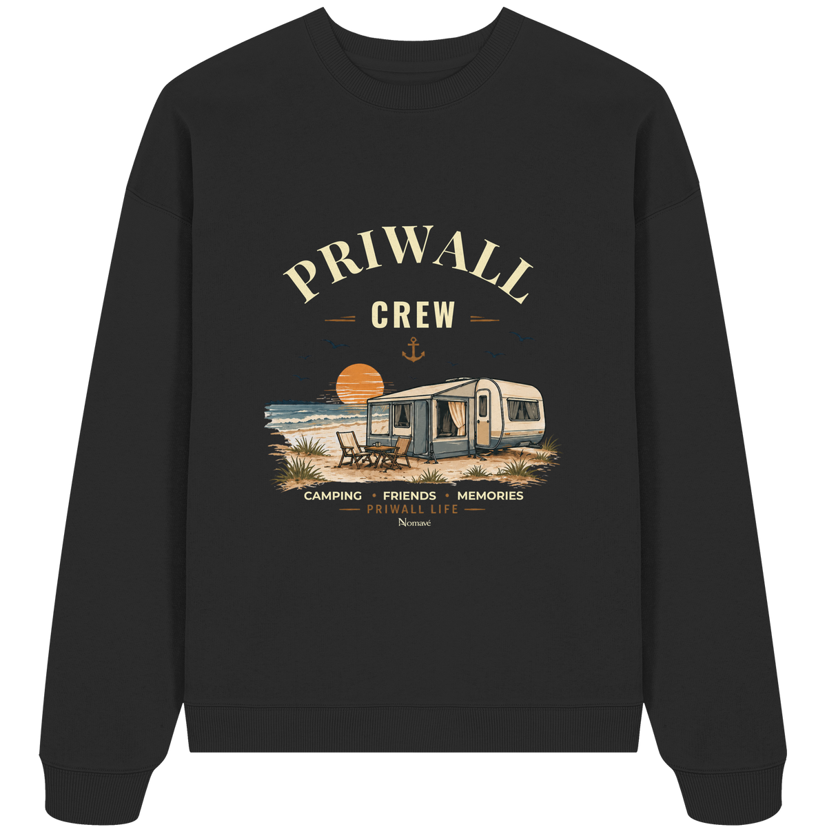 Bio Oversize Sweatshirt in Black mit korrigiertem Priwall-Crew-Motiv der Dark Edition – Vorderansicht