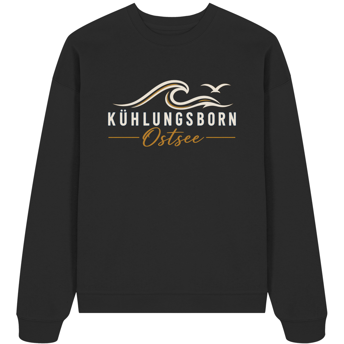 Shirtigo-Originalmockup: Bio-Oversize-Sweatshirt Kühlungsborn Baltic Waves, Dark Edition, Black, Vorderansicht mit Motiv.