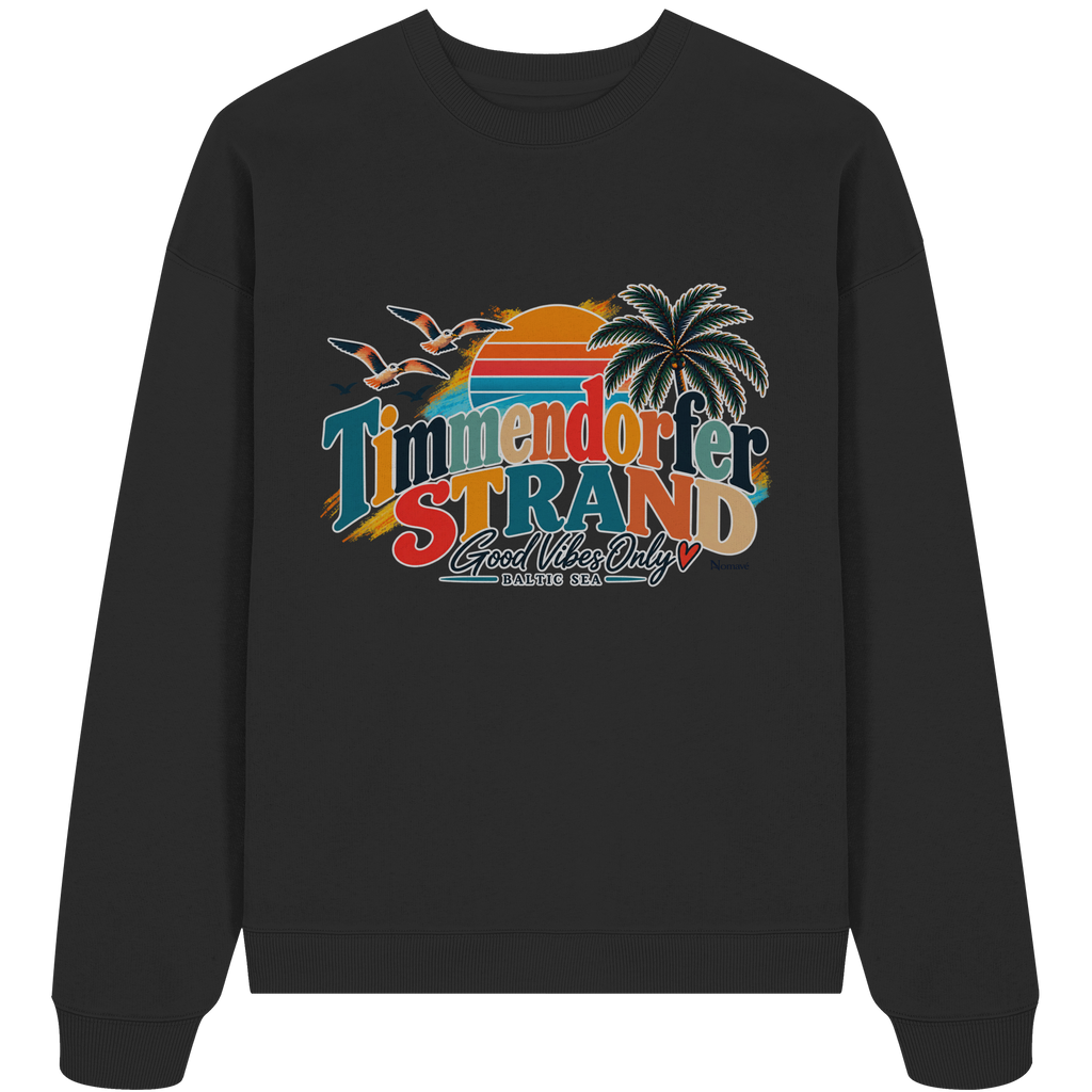 Unisex-Oversize-Sweatshirt in Schwarz – Originalmockup der Vorderseite mit Timmendorfer-Strand-Good-Vibes-Only-Frontprint.