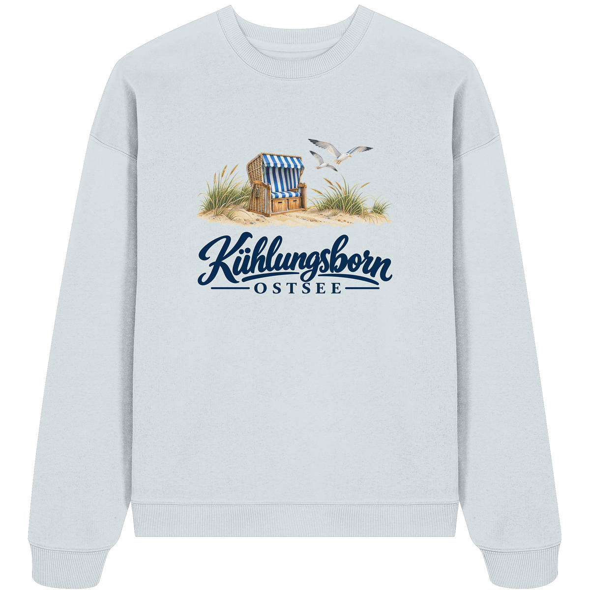 Bio-Oversize-Sweatshirt Kühlungsborn – Strandkorb & Ostsee, Blue Ice, Shirtigo-Originalmockup der bedruckten Vorderseite.