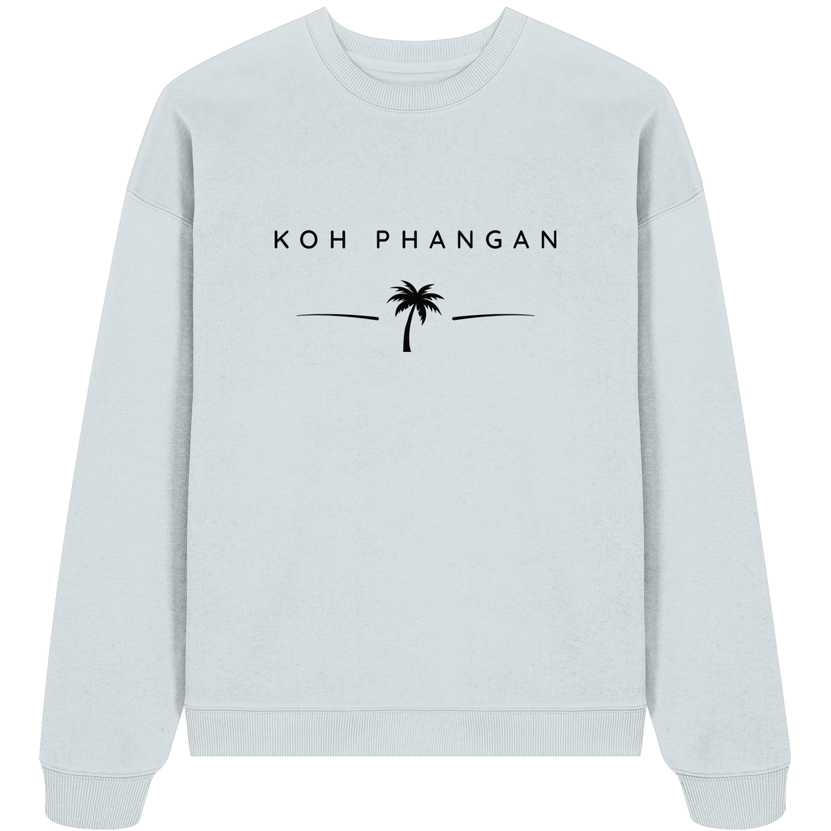 Frontansicht des Bio Oversize Sweatshirt in Blue Ice mit Koh Phangan Minimal Palm Frontprint