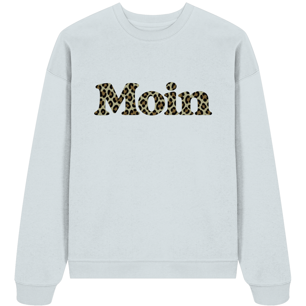 Bio Oversize Sweatshirt in Blue Ice mit Moin-Leoprint in Sage Green als Frontprint, Original-Mockup.