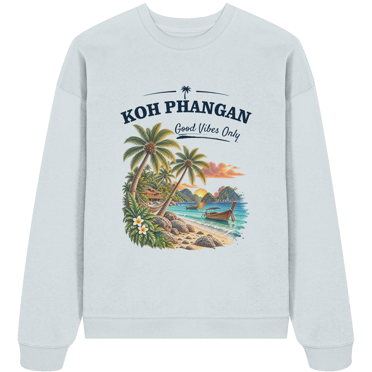 Koh Phangan Good Vibes Only – Bio Oversize Sweatshirt – Frontprint – Original-Mockup organic oversize sweatshirt blue ice mit Motivdruck
