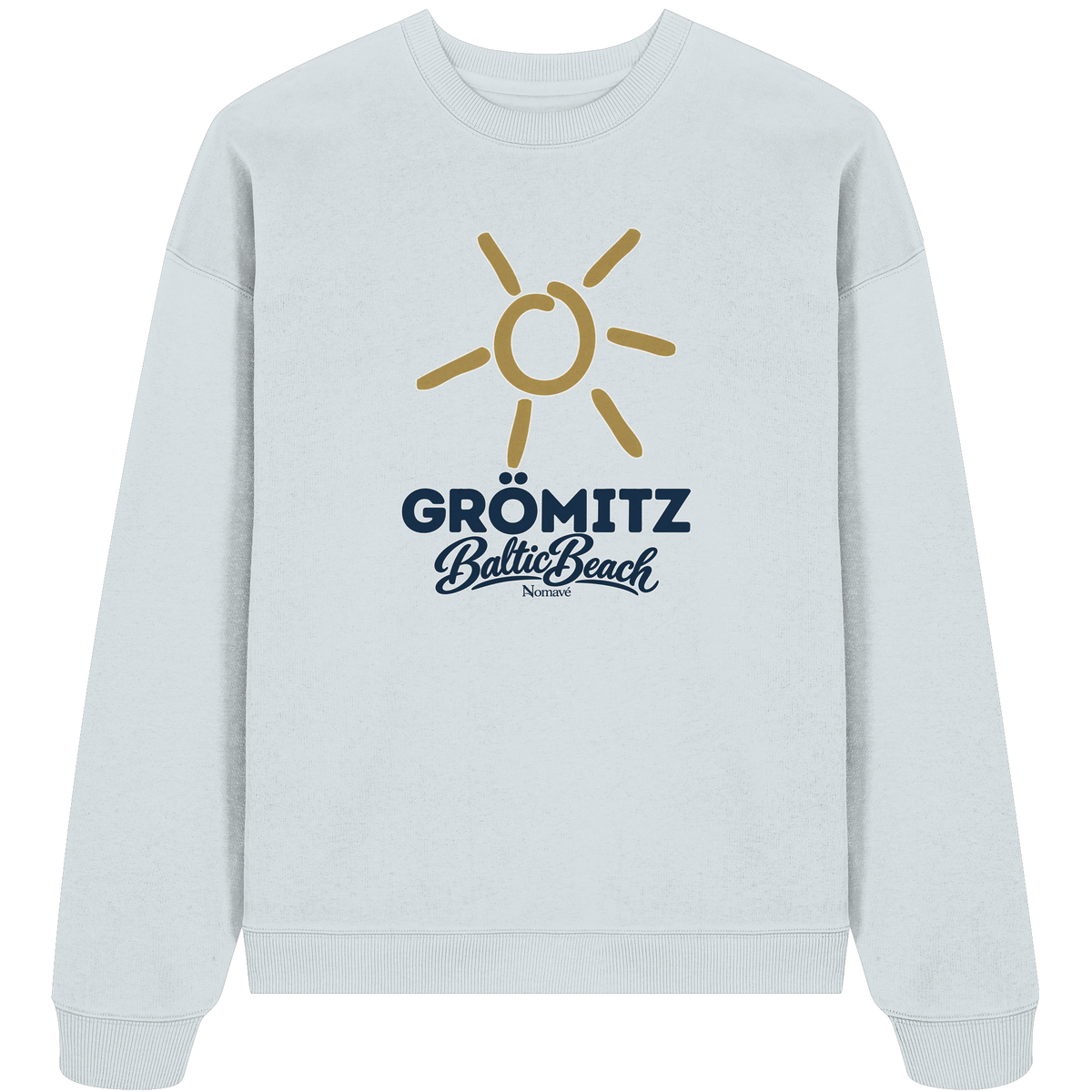 Bio Oversize Sweatshirt Grömitz Sonne Baltic Beach in Blue Ice – Frontdruck mit goldener Sonne, Shirtigo-Originalmockup 5