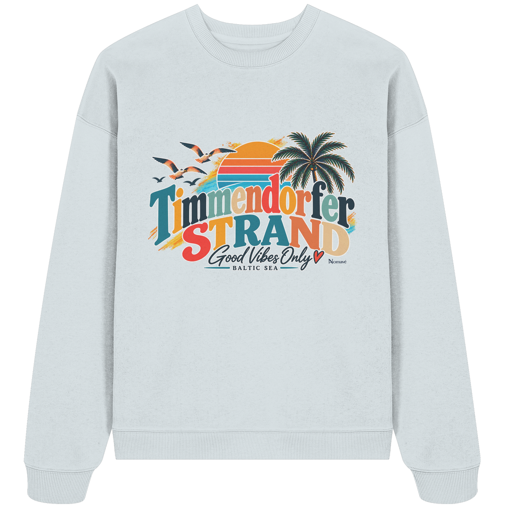 Unisex-Oversize-Sweatshirt in Blue Ice – Originalmockup der Vorderseite mit Timmendorfer-Strand-Good-Vibes-Only-Frontprint.