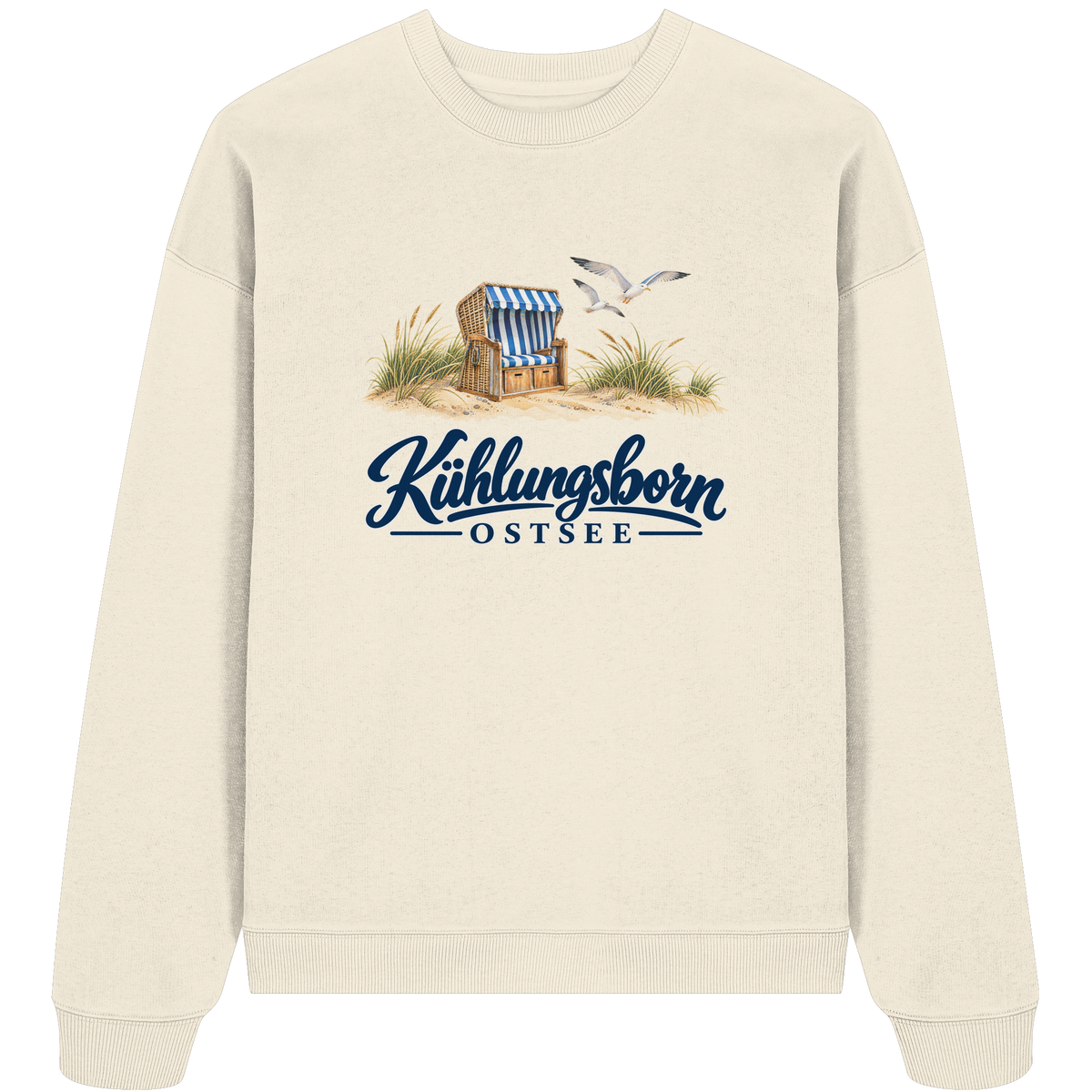 Bio-Oversize-Sweatshirt Kühlungsborn – Strandkorb & Ostsee, Cream, Shirtigo-Originalmockup der bedruckten Vorderseite.