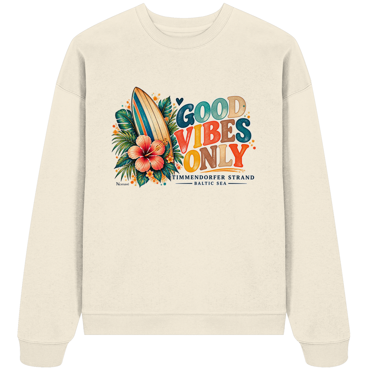 Timmendorfer Strand – Surf Vibes – Unisex Bio-Oversize-Sweatshirt mit Frontprint in Cream – Shirtigo-Katalog-Vorderansicht.