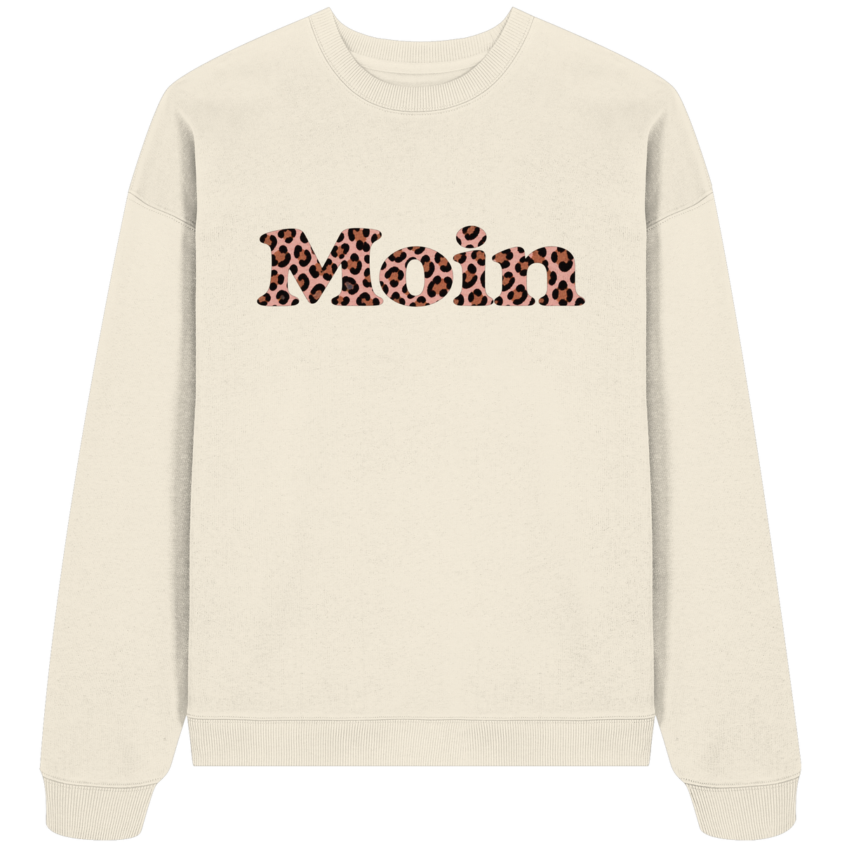 Bio-Oversize-Sweatshirt Cream, Vorderansicht mit rosafarbenem Moin-Leo-Motiv.
