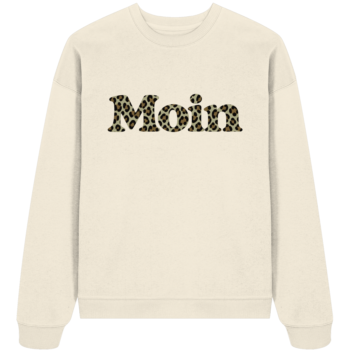 Bio Oversize Sweatshirt in Cream mit Moin-Leoprint in Sage Green als Frontprint, Original-Mockup.