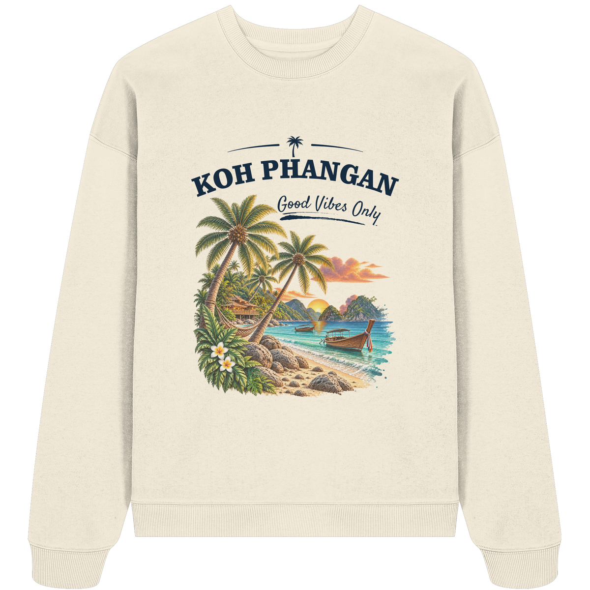 Koh Phangan Good Vibes Only – Bio Oversize Sweatshirt – Frontprint – Original-Mockup organic oversize sweatshirt cream mit Motivdruck