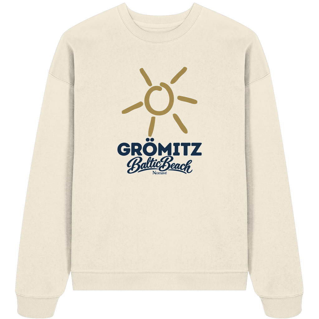 Bio Oversize Sweatshirt Grömitz Sonne Baltic Beach in Cream – Frontdruck mit goldener Sonne, Shirtigo-Originalmockup 6