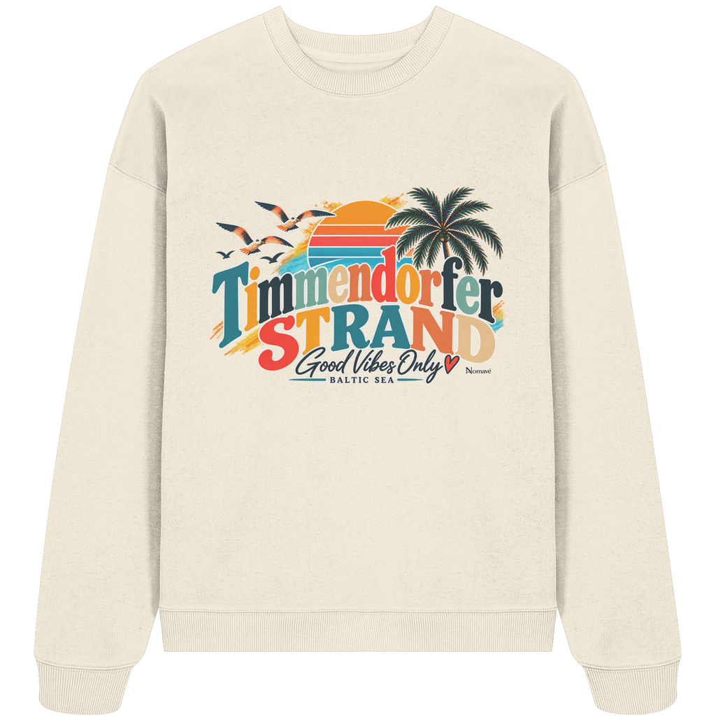 Unisex-Oversize-Sweatshirt in Cream – Originalmockup der Vorderseite mit Timmendorfer-Strand-Good-Vibes-Only-Frontprint.