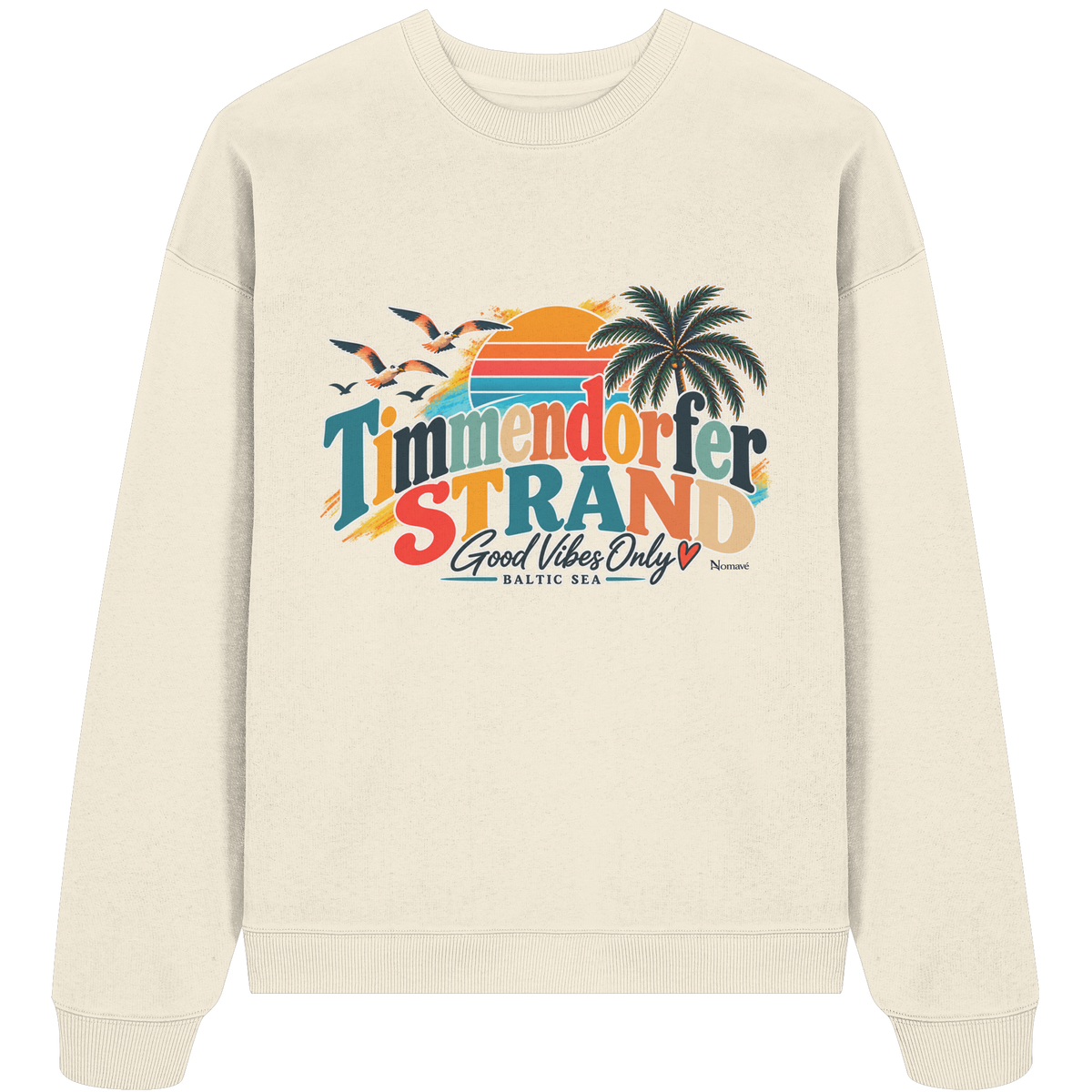 Unisex-Oversize-Sweatshirt in Cream – Originalmockup der Vorderseite mit Timmendorfer-Strand-Good-Vibes-Only-Frontprint.